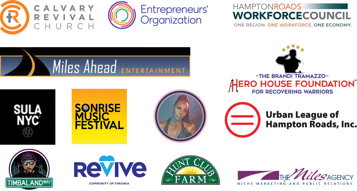 Logos of current and past Visions Consulting Group clients including Calvary Revival Church, Entrepreneurs' Organization, Hampton Roads Workforce Council, Miles Ahead Entertainment, Hero House Foundation, Sula NYC, Sonrise Music Festival, Urban League of Hampton Roads, Timbaland Way, Revive Community of Virginia, Hunt Club Farm, and The Miles Agency.